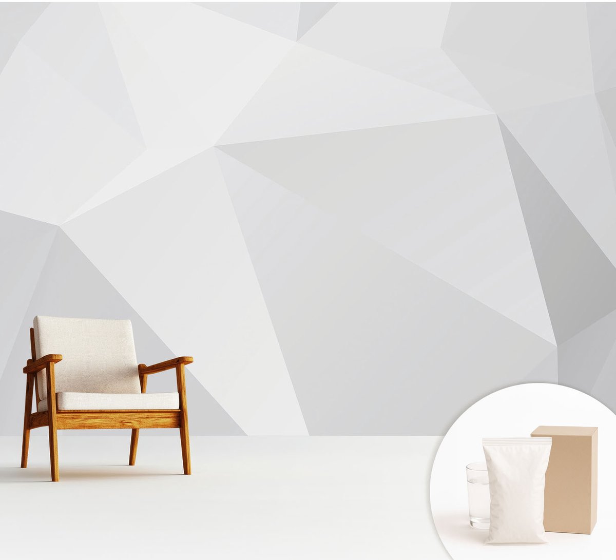 Wallfluent Fotobehang - Wit Vliesbehang - 312x219 cm - Grijze Driehoeken Muurschildering - Slaapkamer behang Geometrie - Fotobehang Vlies - Slaapkamer behang