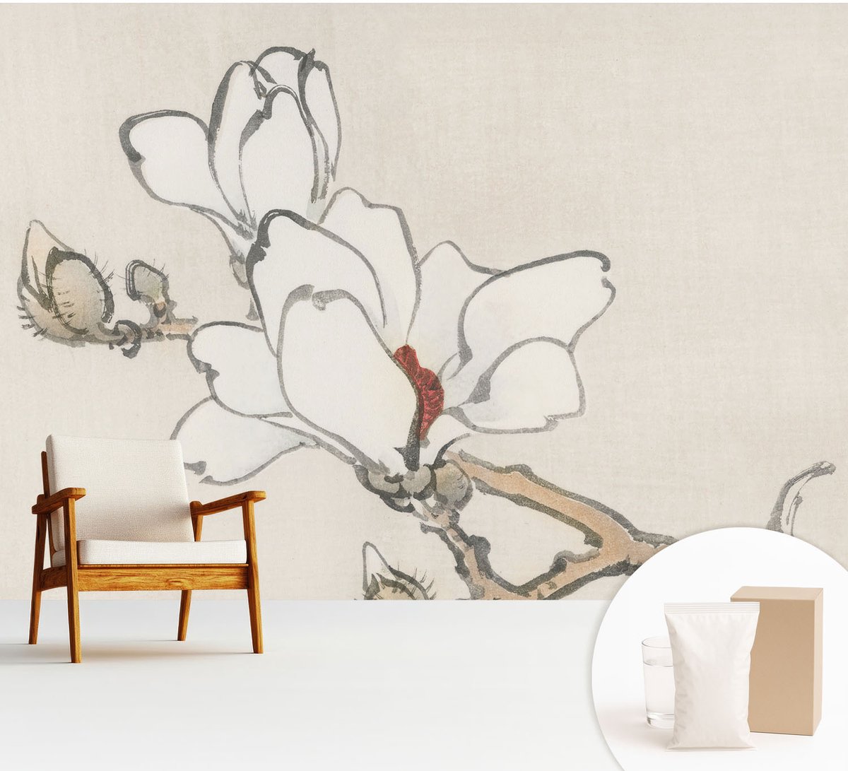 Wallfluent Fotobehang - Wit Vliesbehang - 312x219 cm - Delicate Magnolia'S Muurschildering - Slaapkamer behang Bloemen En Planten - Fotobehang Vlies - Gang behang