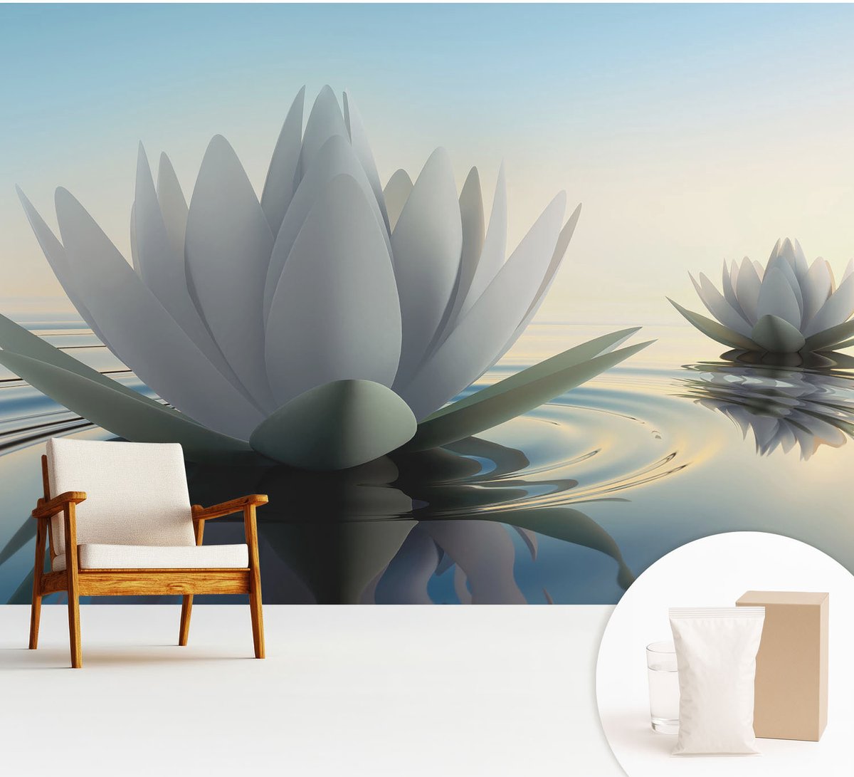 Wallfluent Fotobehang - Wit Vliesbehang - 312x219 cm - Waterlelies Fotobehang Vlies - Woonkamer behang Bloemen En Planten - Muurschildering - Hal behang