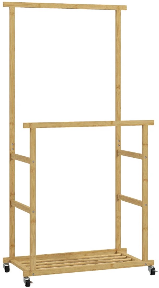 ZYLARO Kapstok - Kledingrek Op Wielen - Kledingroede - Schoenenrek - Bamboe - 80 x 40 x 160 cm - Naturel natuurlijk