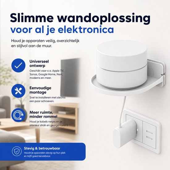 BukkitBow - Universele Accessoires Wandhouder - Geschikt voor het ophangen van uw favoriete elektronica producten - Geschikt Voor Apple TV / Sonos Play / Apple Homepod / Google Nest / Google Home Mini / Wifi Router / Modem / IP Camera - Muur bevestig van BukkitBow — afbeelding 5