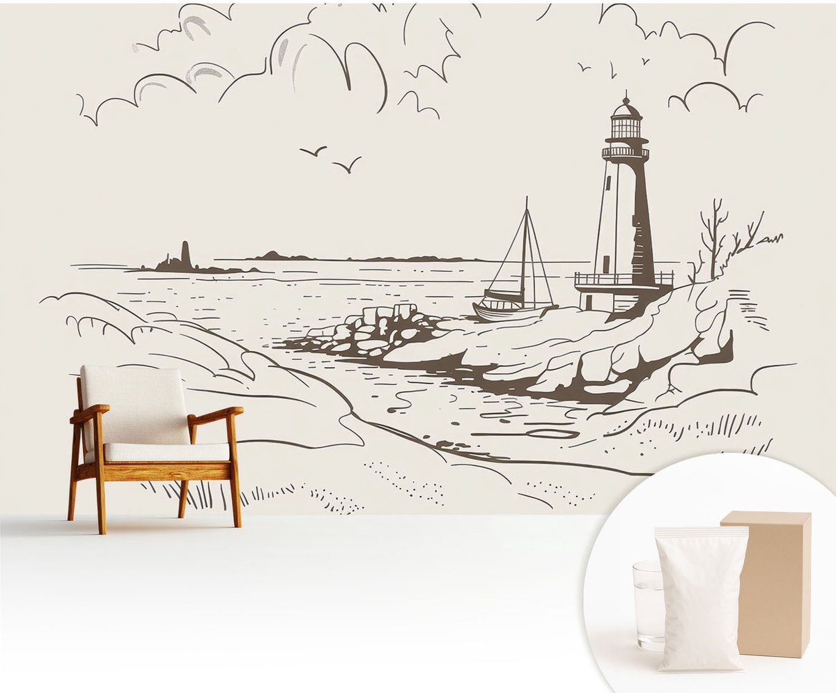 Wallfluent Fotobehang - Beige Vliesbehang - 416x254 cm - Kustlandschap Fotobehang Vlies - Woonkamer behang Landschappen - Muurschildering - Woonkamer behang