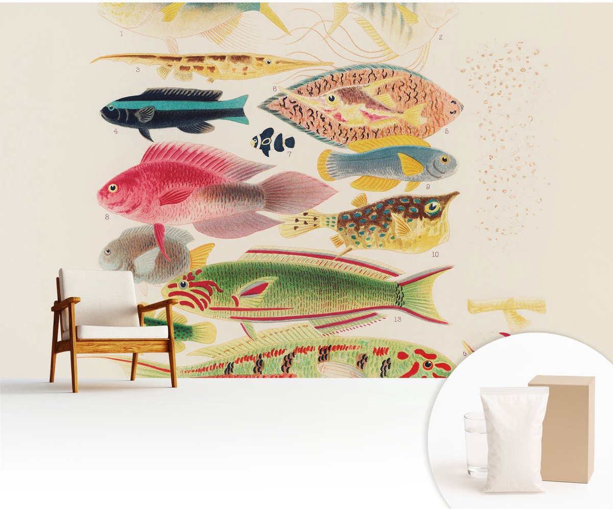 Wallfluent Fotobehang - Beige Vliesbehang - 416x254 cm - Kleurrijke Vissen Muurschildering - Slaapkamer behang Dieren - Fotobehang Vlies - Slaapkamer behang