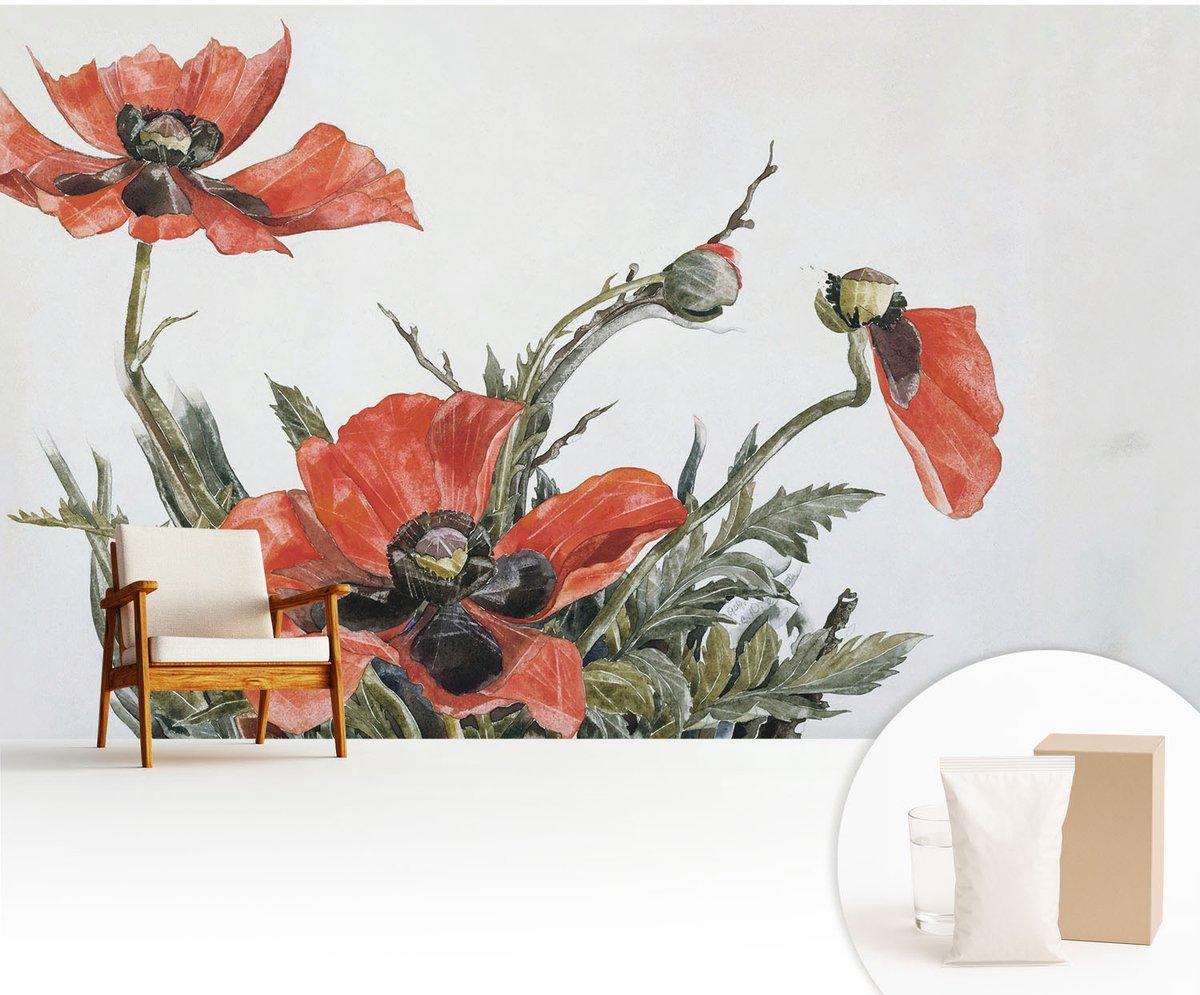Wallfluent Fotobehang - Rood Vliesbehang - 416x254 cm - Rode Klaprozen Muurschildering - Slaapkamer behang Bloemen En Planten - Fotobehang Vlies - Gang behang