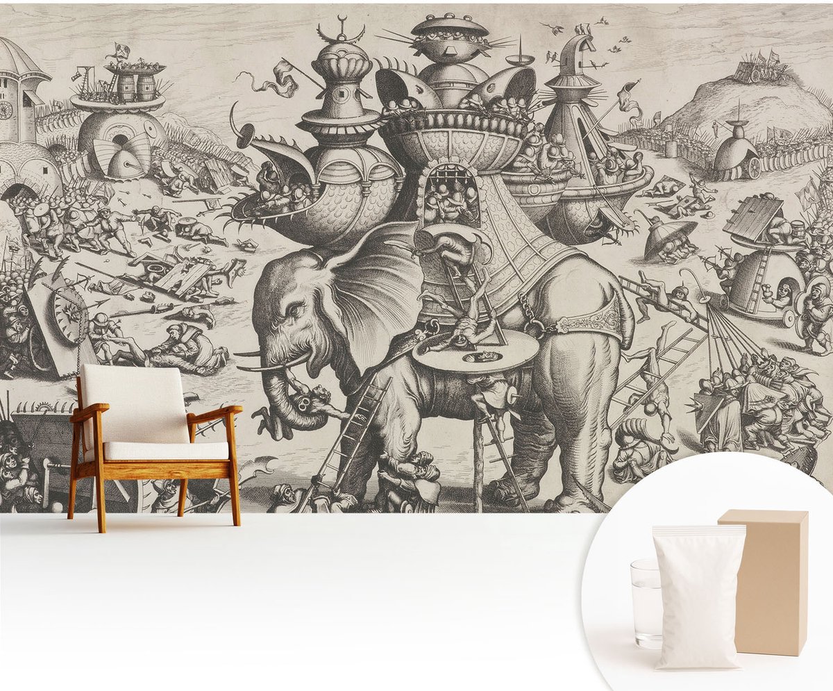 Wallfluent Fotobehang - Zwart-Wit Vliesbehang - 416x254 cm - Een Groteske Strijd Fotobehang Vlies - Hal behang Deel - Muurschildering - Woonkamer behang