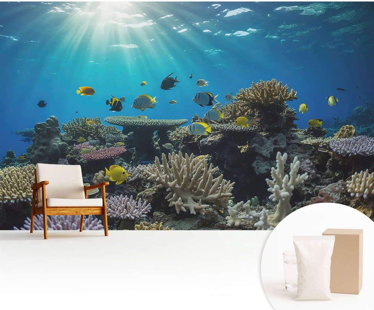Wallfluent Fotobehang - Blauw Vliesbehang - 416x254 cm - Onderwaterwereld Muurschildering - Gang behang Dieren - Fotobehang Vlies - Slaapkamer behang