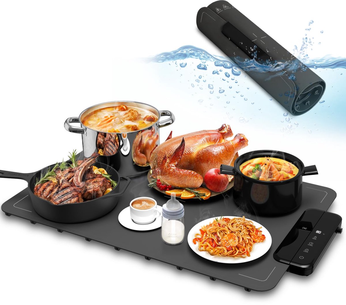 Warmhoudplaat voor Eten – Elektrische Buffetwarmer – 6 Temperatuurstanden 40-100°C – Timer – Oprolbaar