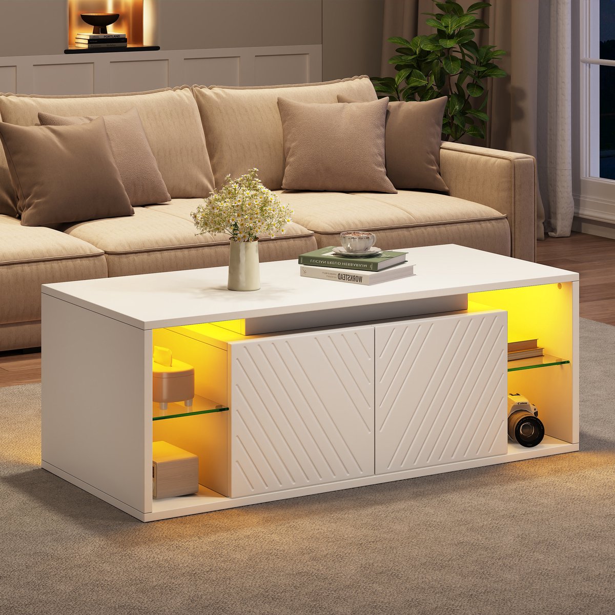 MUVANO Witte Salontafel Met Led - Moderne Koffietafel 100x50 cm - Salontafel Met Opbergruimte - 100x50x41 cm - App Bestuurbare Verlichting - Woonkamer Wit