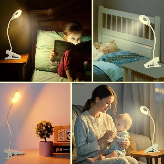 3W leeslamp met klem, type C opladen, 5 kleuren en 5 intensiteiten, touch-bureaulamp, werkt op batterijen, nachtlampje om te lezen, wit [Energieklasse A+] van Merkloos — afbeelding 4