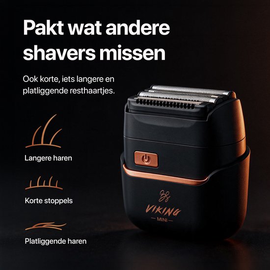 Zwart Viking Mini scheerapparaat met koperkleurige accenten. Illustraties tonen lange, korte stoppel- en platliggende haren.