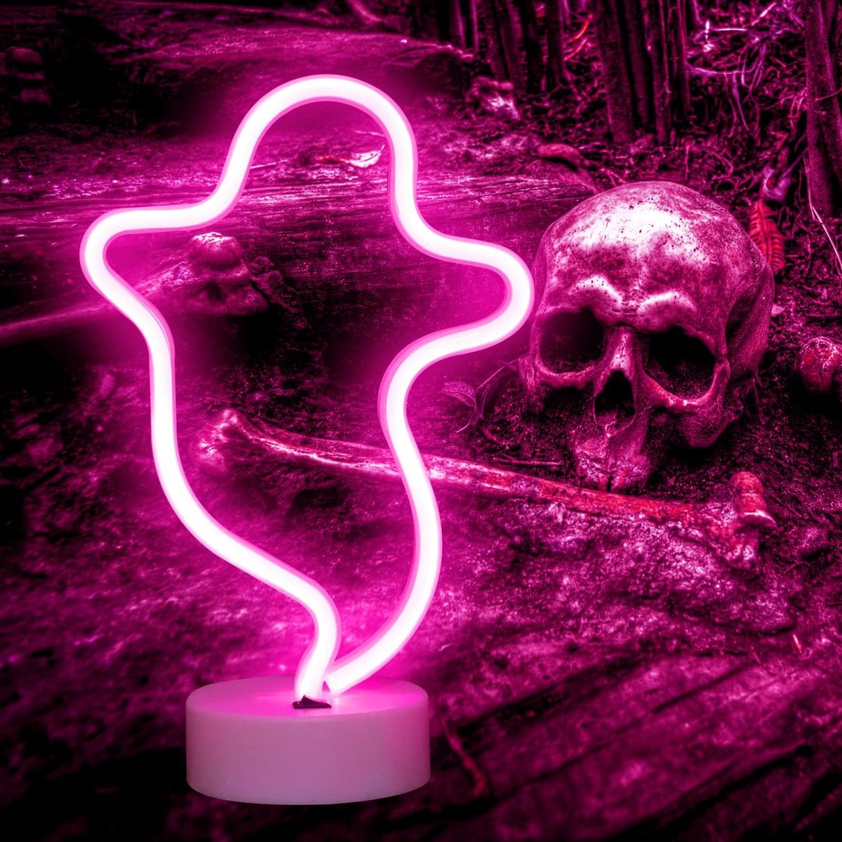Exclusief voor Halloween: spookvormige neonverlichting, LED-reclamebord in de vorm van een spook, geschikt voor kinderkamerwanden, feestdagen, kerstdecoraties - Spook met standaard (roze) (batterijen niet inbegrepen)