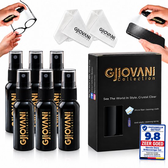 Zes flessen GIOVANI brillenreiniger en twee microvezeldoekjes, met "See The World In Style, Crystal Clear" tekst.