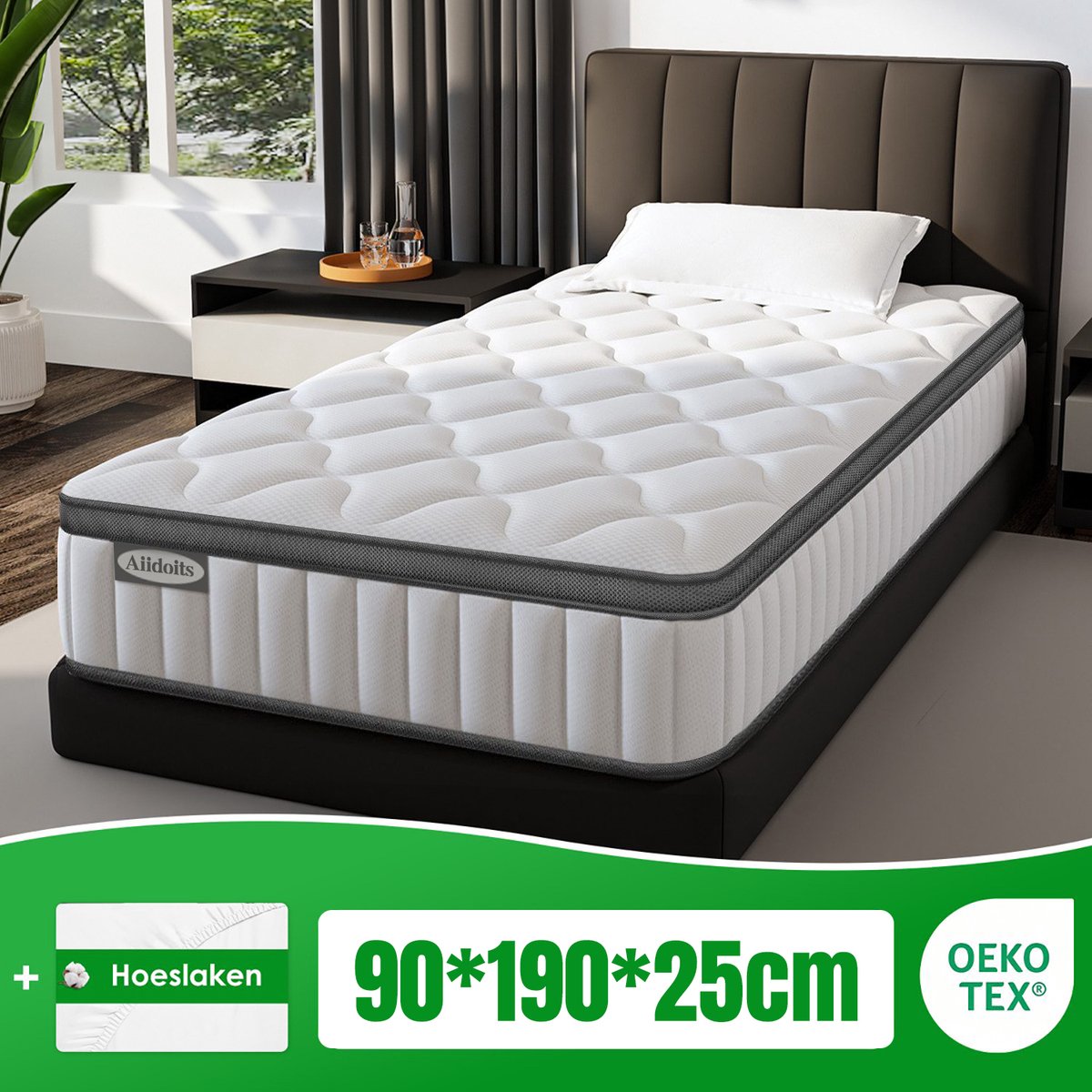 Aiidoits Matras 90x190 - matras 25cm dik - 7 zones - pocketvering matras - Orthopedisch - OEKO-TEX Gecertificeerd - 10 Lagen Hoogwaardige Materialen - Anti-Allergische - Eenpersoonsmatrassen - medium - Voor Kinderen en Volwassenen Wit