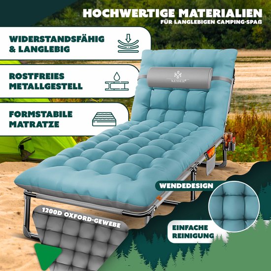 Campingligstoel - kampeerbed - visligstoel - 190×68 cm - opvouwbaar - met kussen - grijs / blauw — afbeelding 4