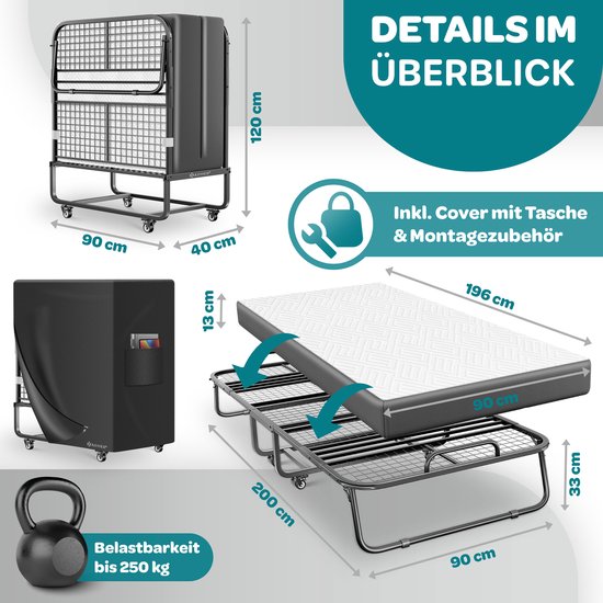 KESSER Opklapbed 200 x 90 cm met Traagschuimmatras - Logeerbed Inklapbaar / Vouwbed voor Gasten, tot 250 kg - Antraciet/Wit Deluxe Plus — afbeelding 3