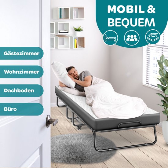 KESSER Opklapbed 200 x 90 cm met Traagschuimmatras - Logeerbed Inklapbaar / Vouwbed voor Gasten, tot 250 kg - Antraciet/Wit Deluxe Plus — afbeelding 5