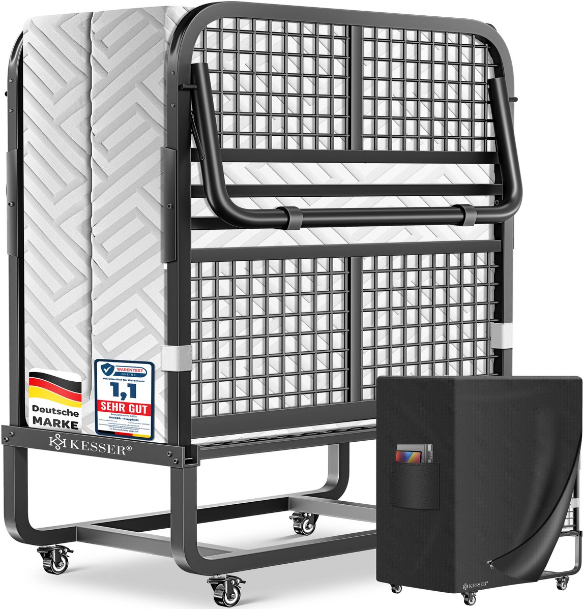 KESSER® Opklapbed 200 x 90 cm - Logeerbed met traagschuimmatras - Tot 250 kg - Wit Deluxe Plus