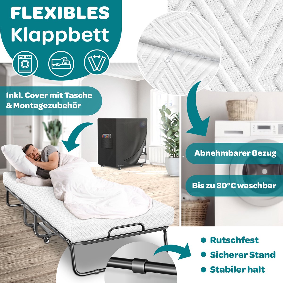 KESSER® Opklapbed 200 x 90 cm - Logeerbed met traagschuimmatras - Tot 250 kg - Wit Premium Komfort thumbnail 3