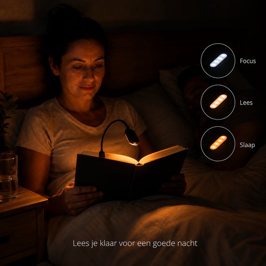 Mvolo® LED Leeslamp met Klem - Dimbaar - Blauwlichtvrij - Oplaadbaar - Amber Licht - Klemlamp - Bedlampje - Melatonine - Nachtlampje - Flexibel - Slaap - Leeslampje voor Boek van MVOLO — afbeelding 4