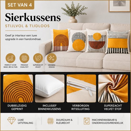 Set van 4 sierkussens, dubbelzijdig bedrukt met abstracte patronen in bruin, geel, zwart en wit. Inclusief ritssluiting.