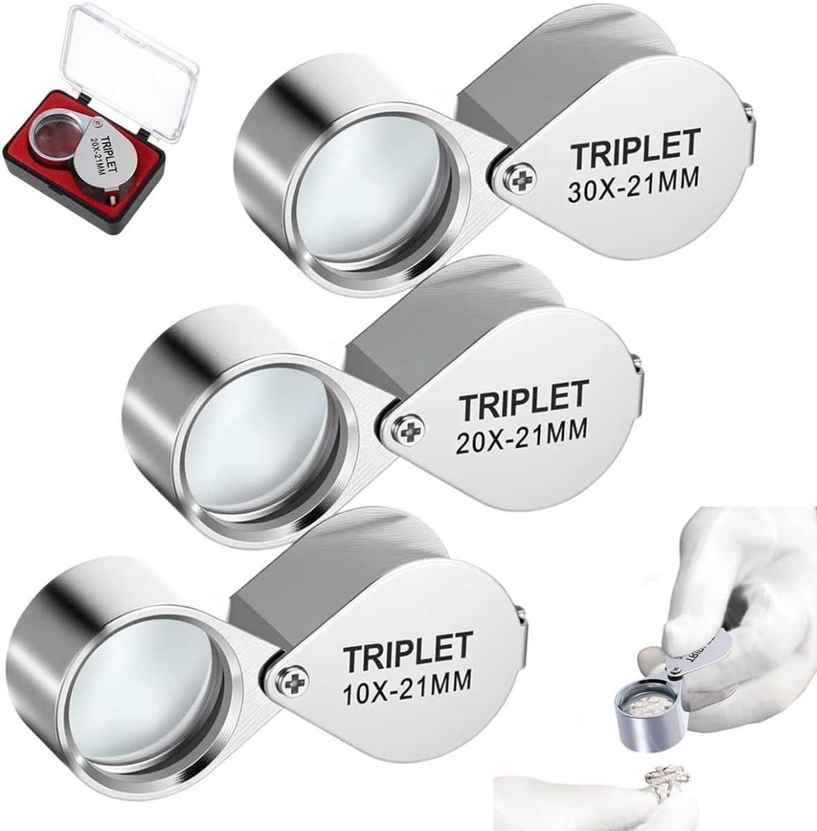 10x, 20x, 30x vergroting, opvouwbare zakloep en oogloep voor sieraden, munten, diamanten, edelstenen, horlogemakers, postzegels