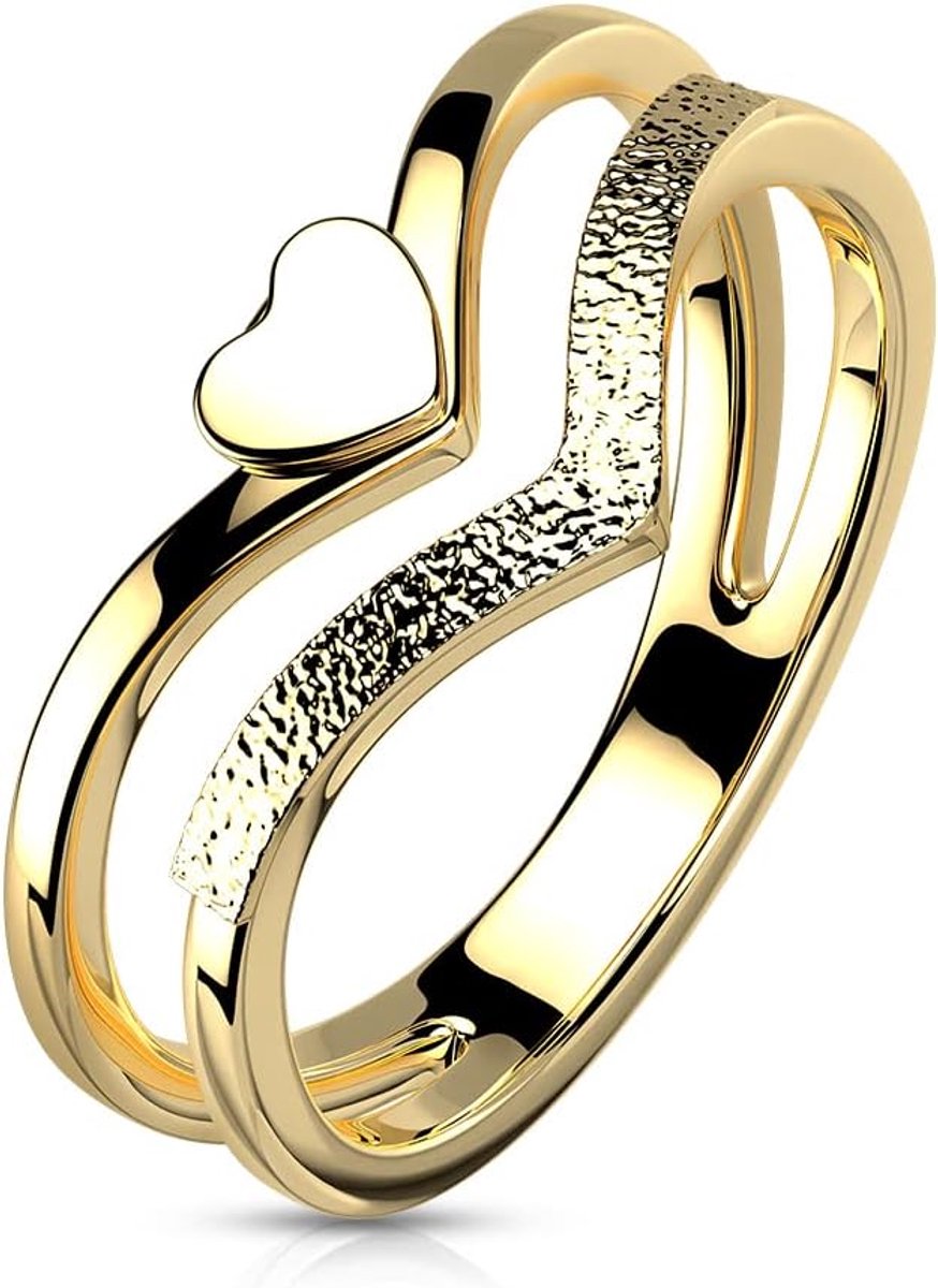 Dubbele ring hart goud zilver chirurgisch staal 7,5 mm breed band-ring motief ring heren ring 49 (15,6)-59 (18,8)