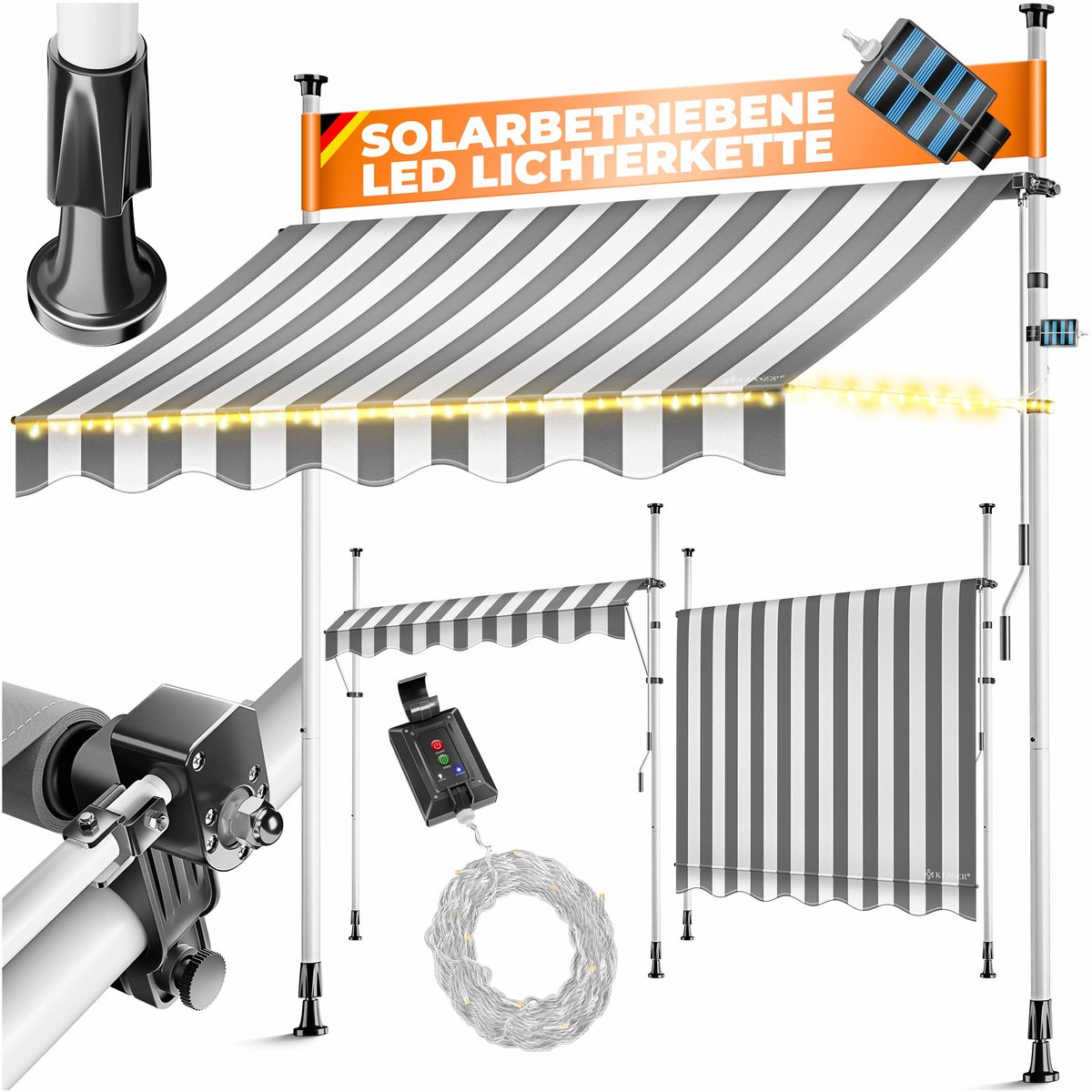 KESSER® Klemluifel met LED-lichtsnoer - Balkonluifel zonder boren met handslinger - 350 x 180 cm - Wit/Grijs