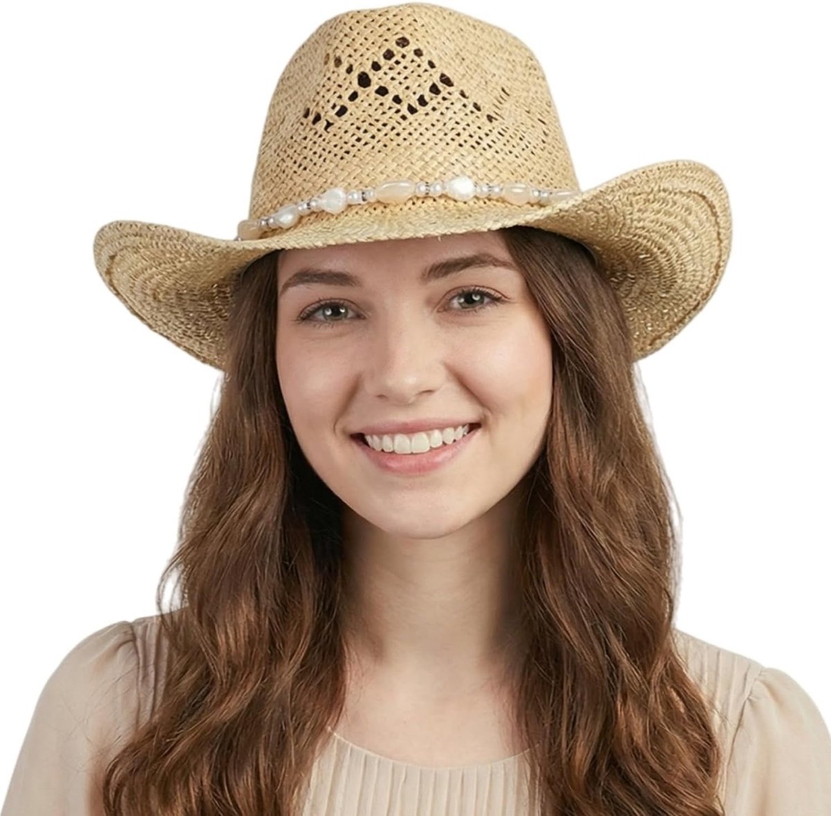 Cowboyhoed van stro voor dames, westerncowgirl-hoed, cowgirl-hoed met parels en vormbare rand