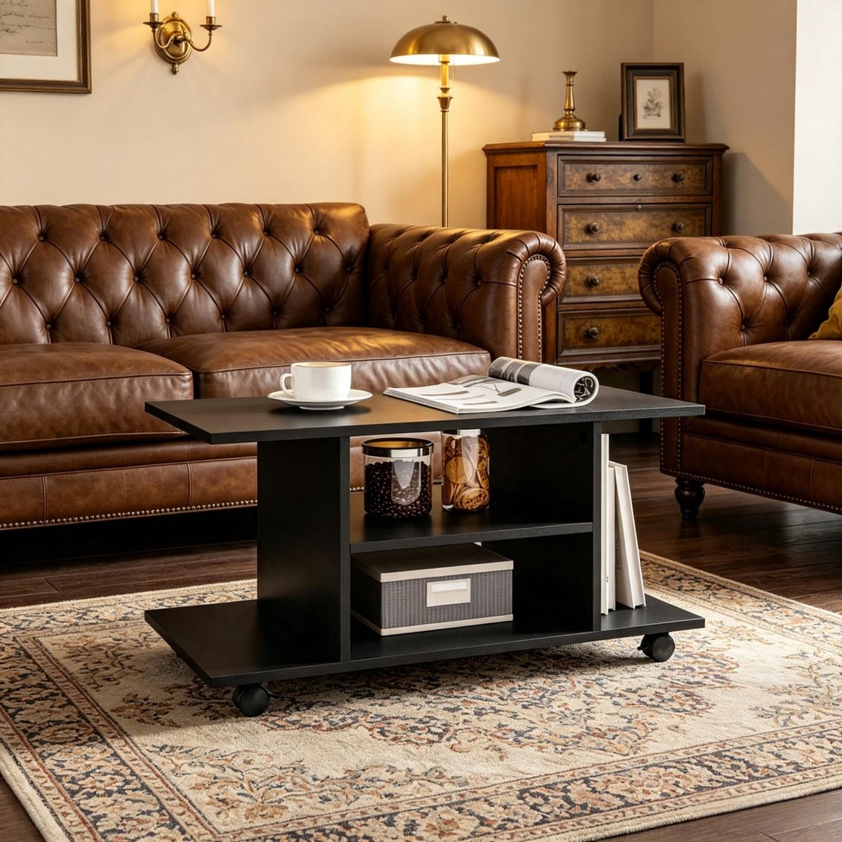 MODFU Mobiele Sidetable Met Wielen - Open Opbergruimte - Zwart - 80 X 40 X 40 Cm