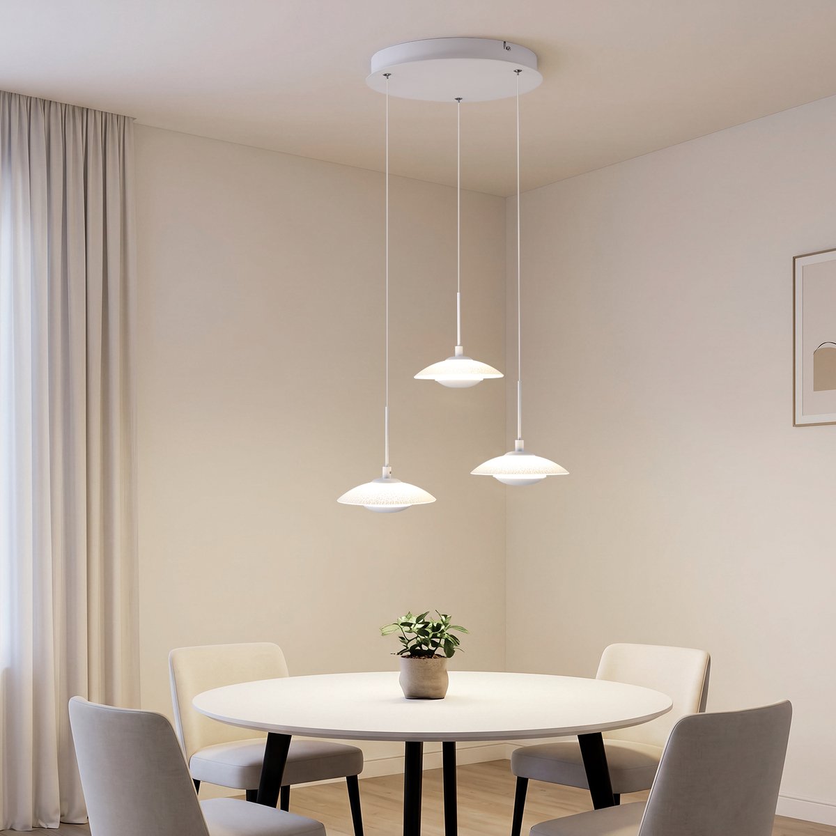 Hanglamp 18W, Glazen LED Plafondlamp, 3-Lichts Pendellamp, Wabi-Sabi, 42x42x150 cm, 4500K, voor Eetkamer Woonkamer - energieklasse C - Zandwit