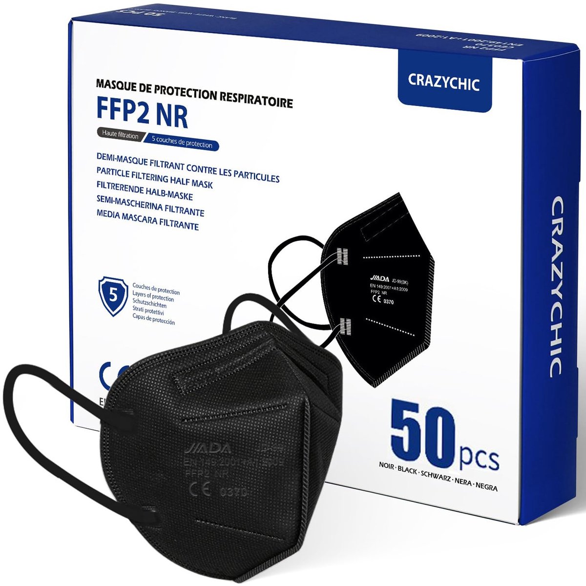 FFP2 NR masker zwart - 50 stuks - CE-gecertificeerd - hoge filtratie - individueel verpakt - ShopVlot