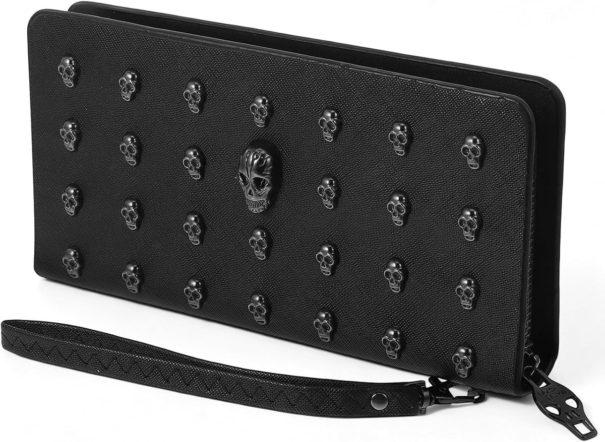 Ladies Long Wallet, Skull Zipper Wallet PU Leather Wallet (Black) - ShopVlot