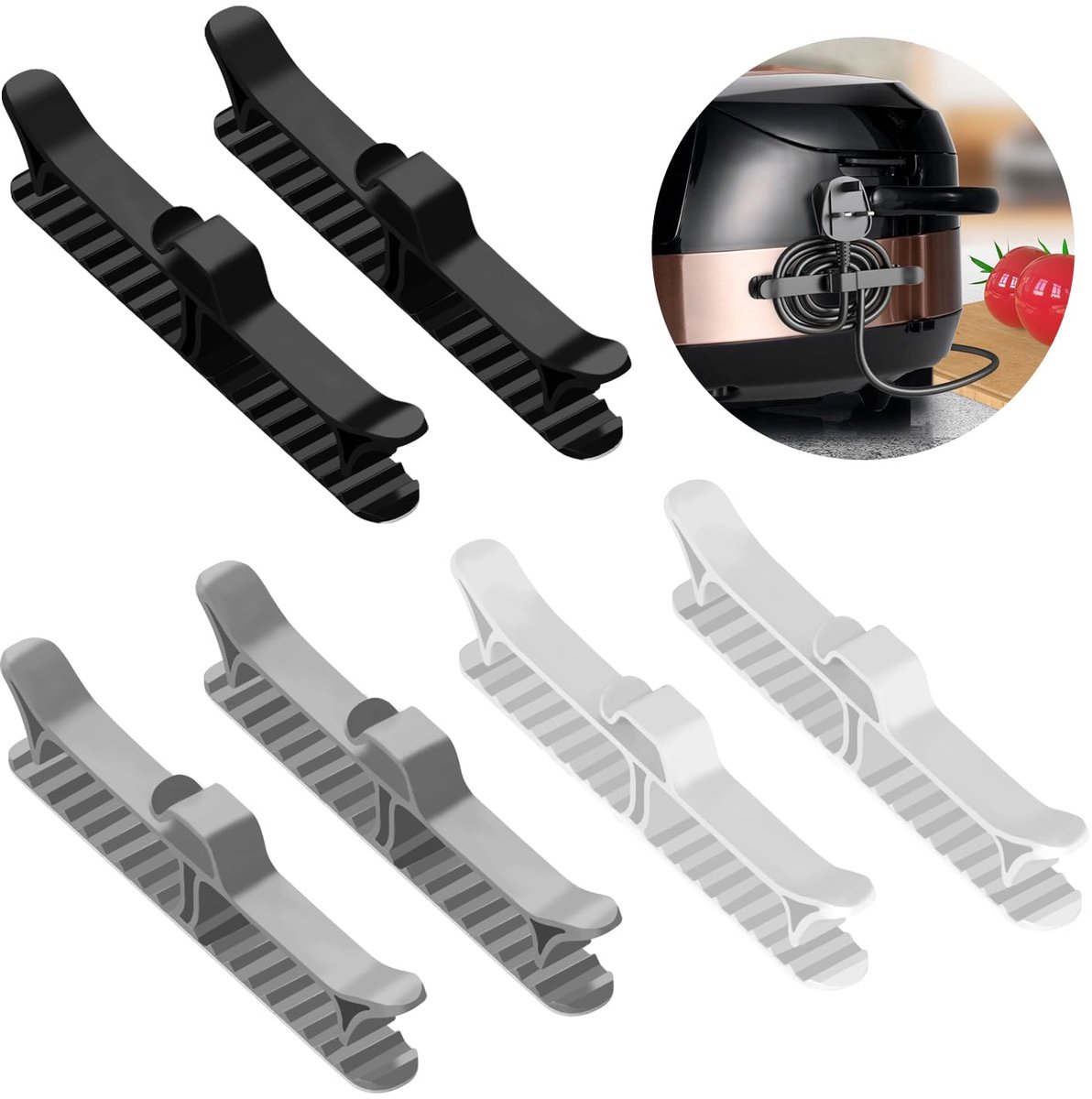 SnelShoppen - Kabelopwikkelaar 6 stuks - Kabelorganizer voor Keukenapparaten - Zelfklevende Kabelclips voor Koffiezetapparaat en Airfryer - Zwart, Wit