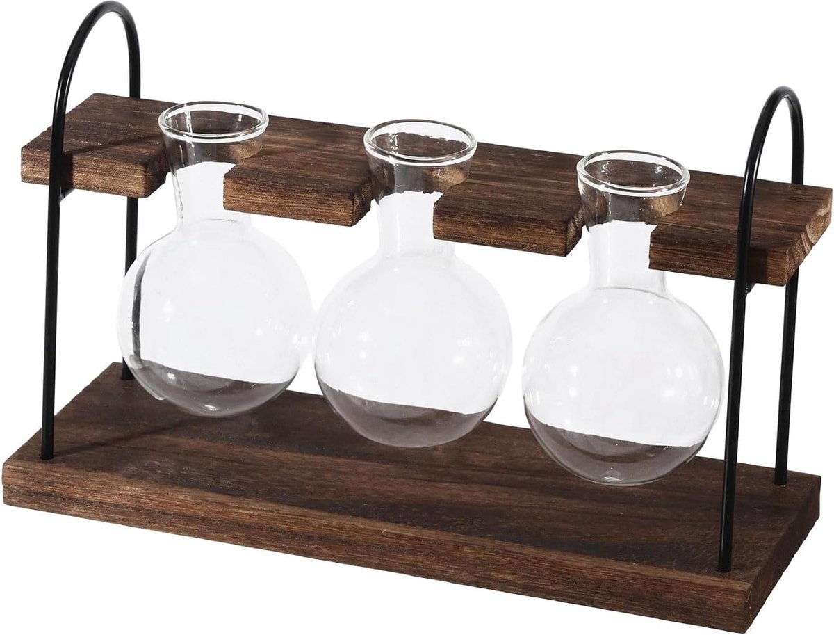 Plantenterrarium met houten standaard retro glazen bollen voortplantingsstation hydrocultuur groen vaasrek voor - ShopVlot