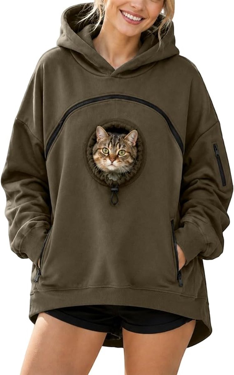 Hoodie voor huisdieren - met zakken - Legergroen - 1 stuk - Maat L - Fleece gevoerd - Geschikt voor dagelijks gebruik en uitstapjes