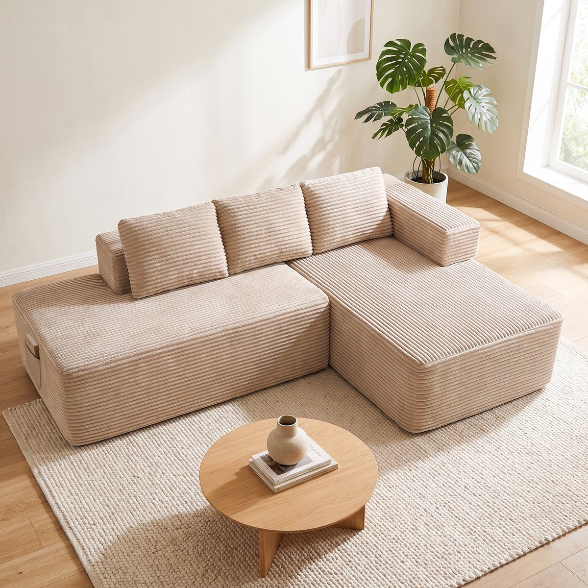 COMHOMA - Hoekbank 228 cm - Corduroy L-vorm met Slaapfunctie - Beige-L