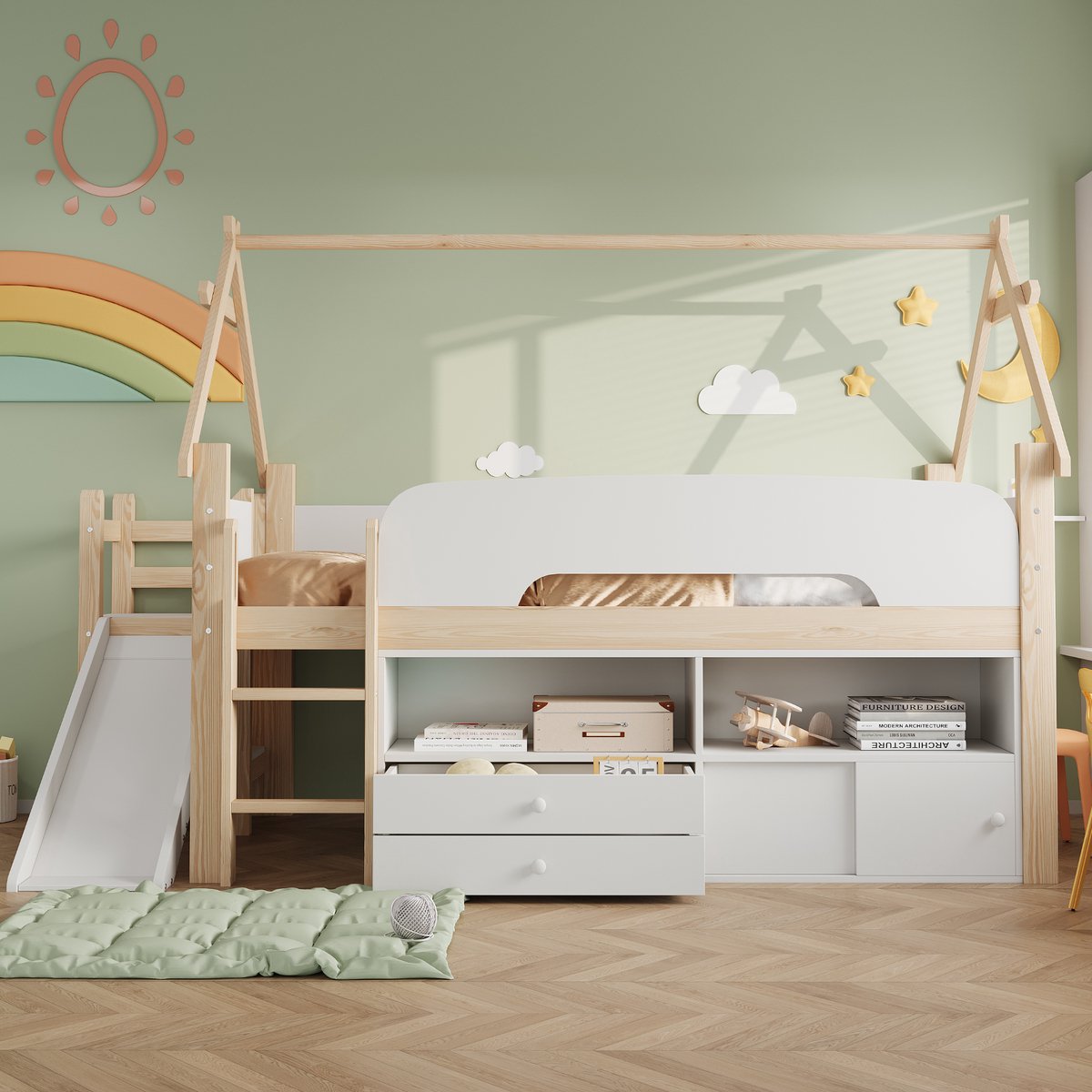 VVBV Kinderbed 90x200 – Kinderbed van Massief Hout met Opbergruimte, Lades en Uitvalbeveiliging – Zonder Matras – Massief Hout – Natuurlijk Hout + Wit Naturel