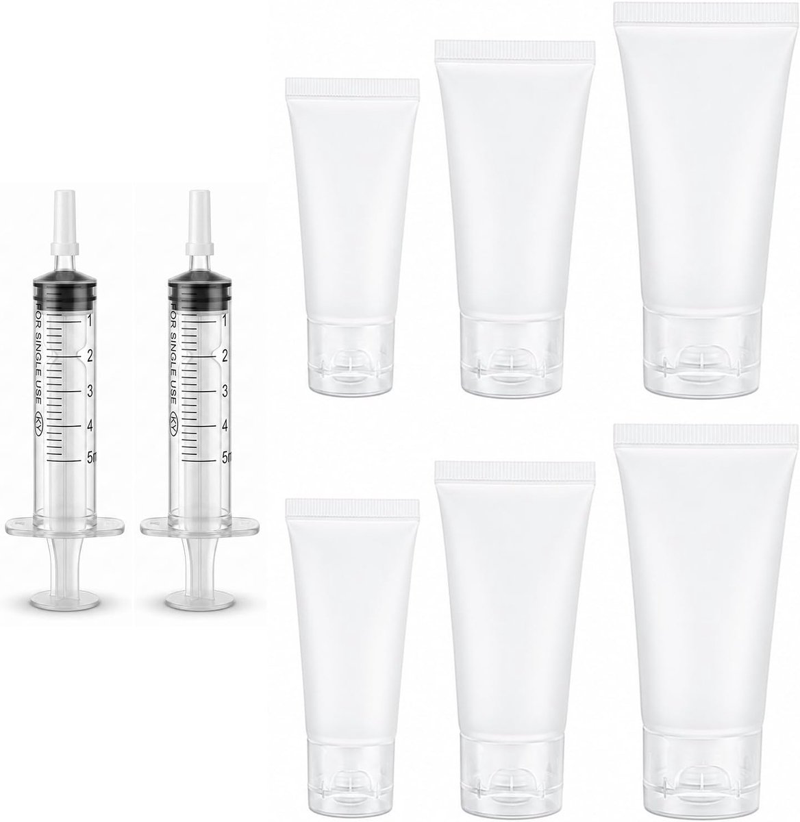 6 stuks lege tubes om te vullen met 2 spuiten, reisflessen om te vullen, reisdouchegel, reisformaat, container voor shampoo, haarspoeling, lotion, lekvrij klapdeksel, 15/20/30 ml