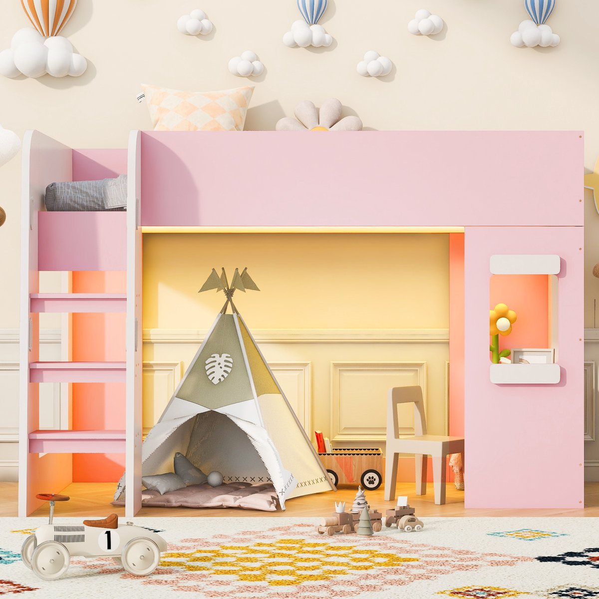 VVBV Hoogslaper 90x200 – Hoogslaper met Lades, Bureau, Ladder, Trap en LED-Verlichting – Voor Slaapkamer – Voor Kinderen en Tieners – Roze