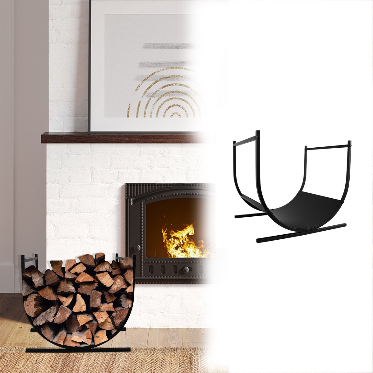Aufun U-vormig Metalen Houtstapelrek 45x38x40cm - Grote Haardhoutmand (Zwart)