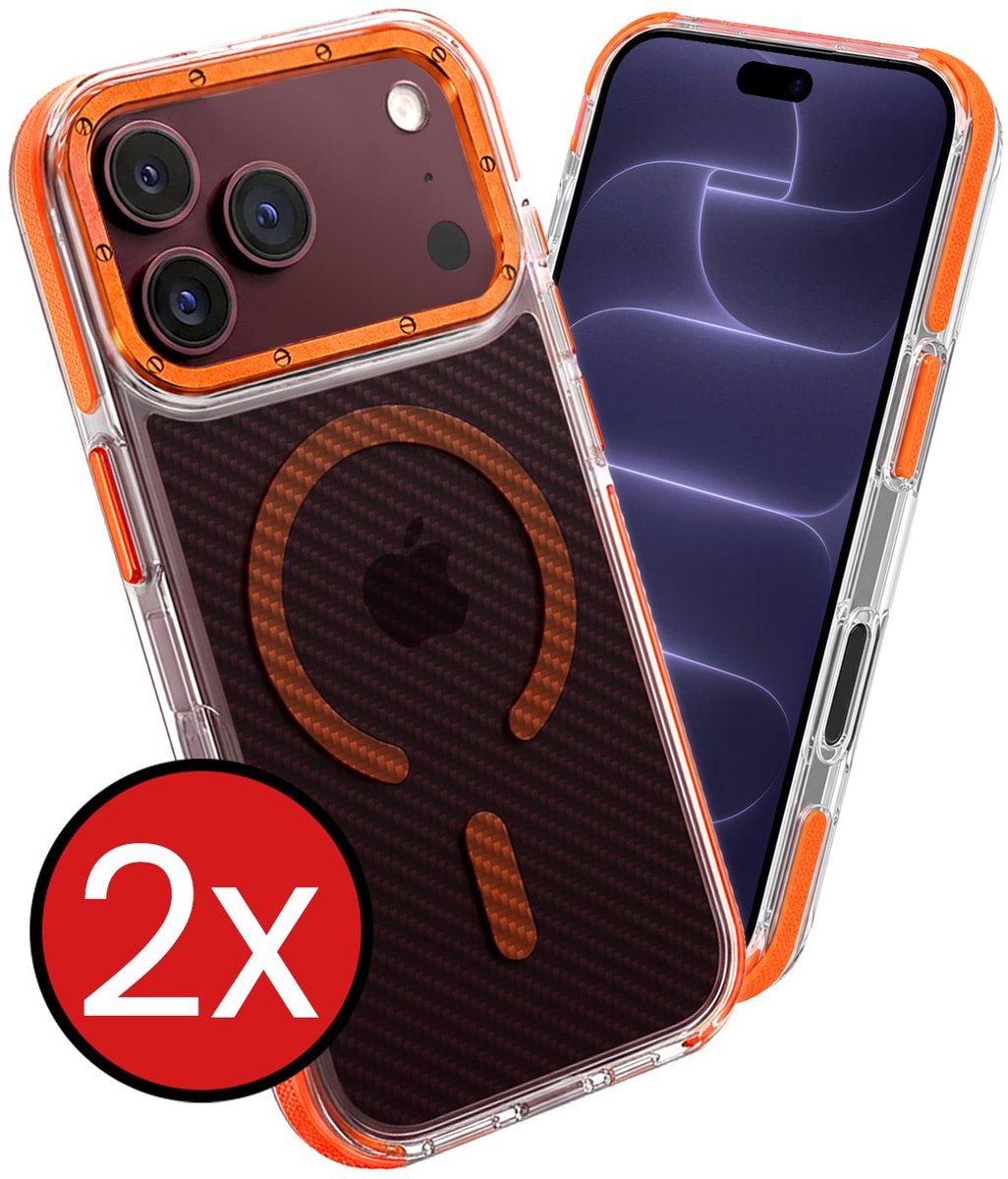 Hoesje - 2 Stuks - Geschikt voor Apple iPhone 18 Pro - Magsafe Compatible - Carbon Look - Sterk & Shockproof - Shock Proof Case - Back Cover - Telefoon Hoes - Telefoonhoes - Oranje