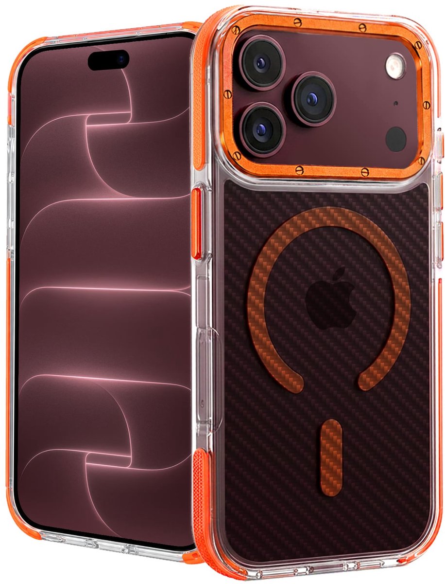 Hoesje - Geschikt voor Apple iPhone 18 Pro Max - Magsafe Compatible - Carbon Look - Sterk & Shockproof - Back Cover - Shock Proof Case - Telefoon Hoes Shockproof - Oranje