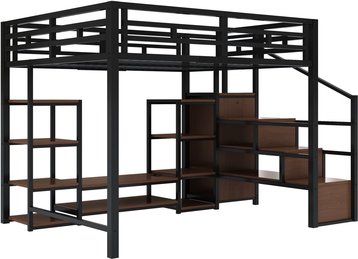 DESMIU Hoogslaper 140x200 cm – Televisiehouder met Stopcontact – Opbergtrap en Ruimte Onder Bed – Metaal en MDF – Zwart – Zonder Matras