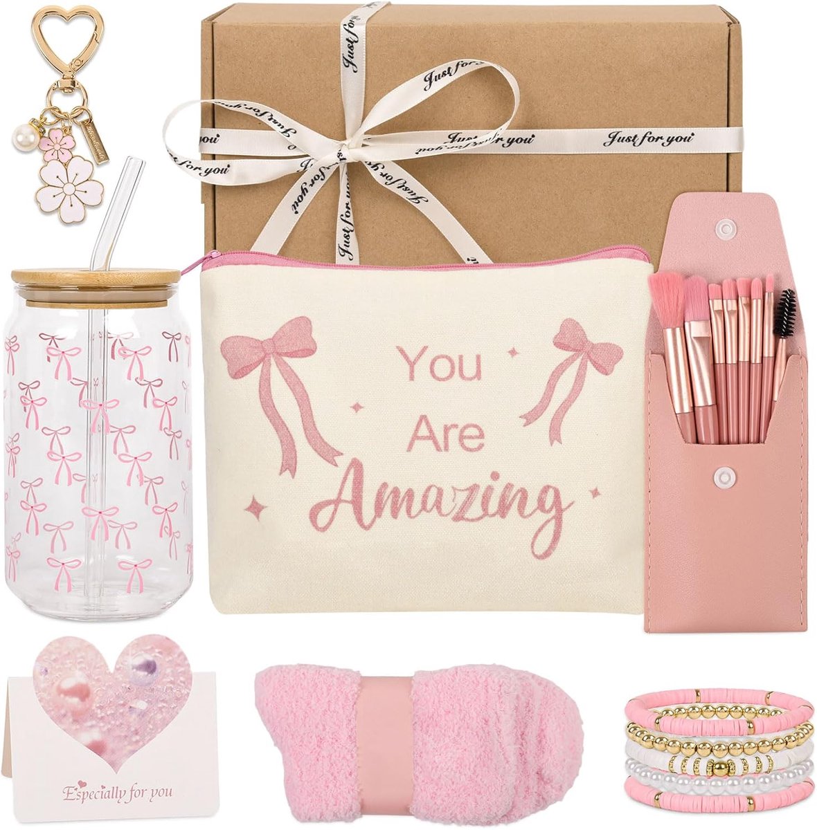SnelShoppen - Cadeaus voor meisjes 8-15 jaar: glazen beker met deksel en rietje, make-up kwast sleutelhanger, toilettas, 5-in-1 armband, verjaardagsca