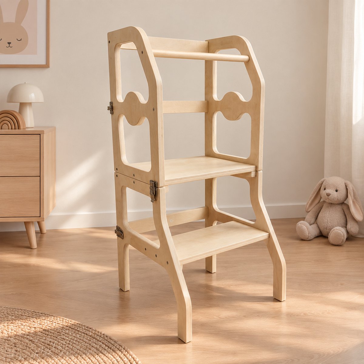 Houten Montesorri Leertoren - Keukenhulp voor Peuters - Learning Tower - Opvouwbaar tot Stoel en Tafel - Inklapbaar - Hout