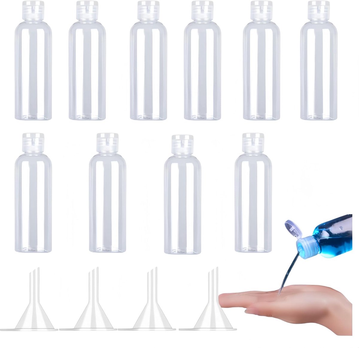 100 ml Travel Bottles, 10 Bottles for Flight Travel with 4 Funnels, Liquid Container Set, for Shampoo, Creams, Lotions - ShopVlot
