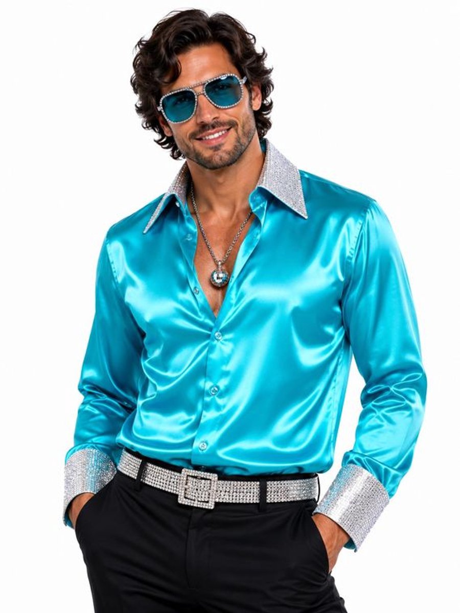 Luxe Disco Overhemd Heren Turquoise – Jaren 70 Kostuum – Satijnen Shirt met Zilveren Glitter Kraag en Manchetten - Maat M