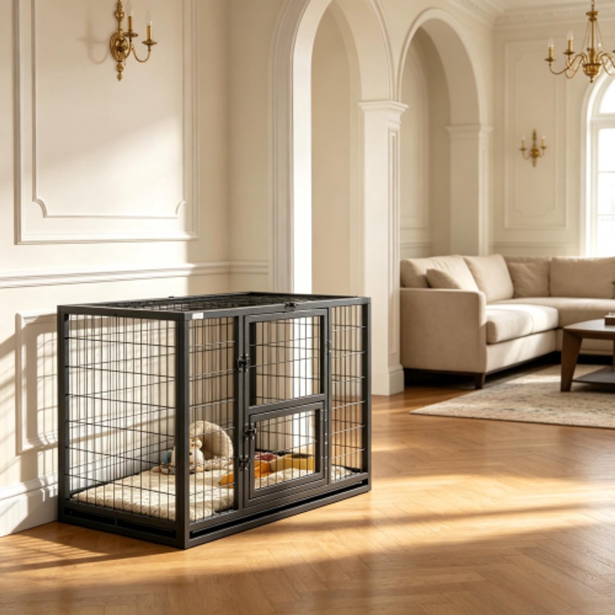 Stalen Hondenkooi Voor Binnen - Hondenbench Met Bovenopening - Voerdeur - Uitneembare Lade - 94 x 60 x 64 cm - Zwart