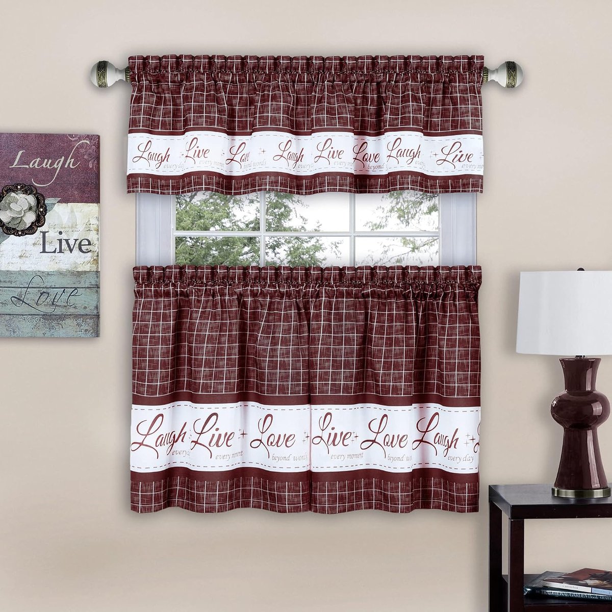 Home Furnishings Achim Home Imports Live, Love, Laugh Window Gordijn Tier Paar en Valance Set, Paar & Valance 58 "x 36", Bourgondië