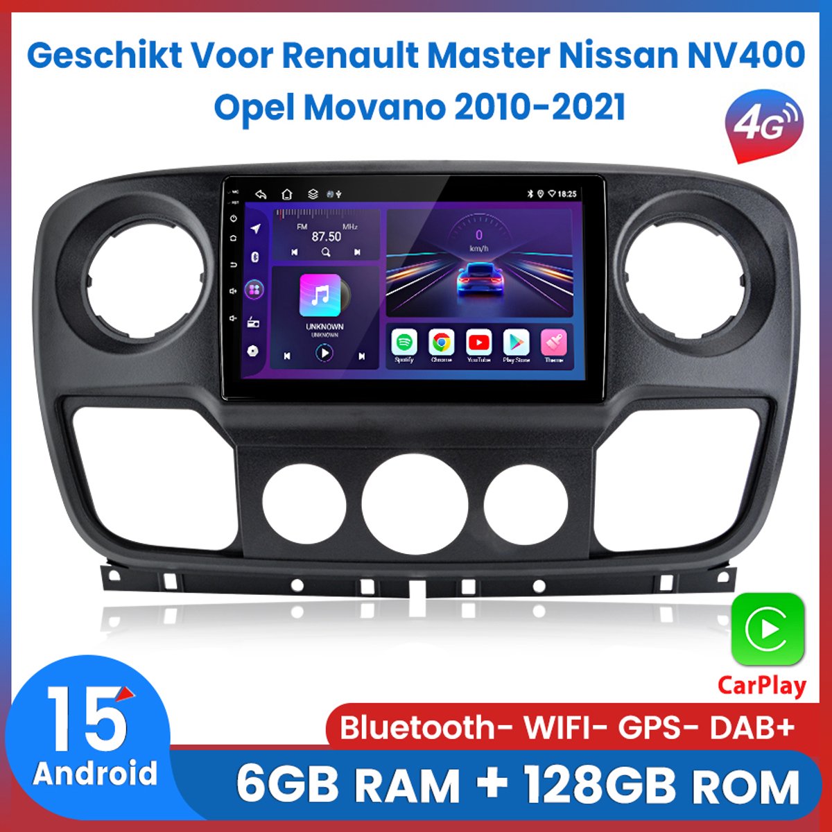 Awesafe Autoradio - Geschikt Voor Renault Master/Nissan NV400/Opel Movano 2010 t/m 2021 - Android15 Systeem - Draadloos Apple Carplay & Android Auto - RAM 6GB + ROM 128GB - 8-Kern processor - Bluetooth Wifi - GPS Navigatie - Ondersteuning voor 4G SIM
